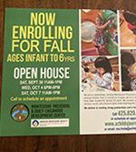 Flyer for Child Care Web Design open house, promoting enrollment growth for childcare centers ages infant to 6 across the USA with custom website support.