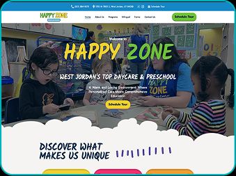 Homepage of Happy Zone child care website showcasing a playful preschool theme with a colorful and inviting design.