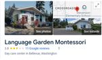 Exterior photo of Language Garden Montessori School in Bellevue, Washington with signage and entry ramp.