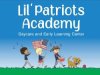 Lil' Patriots Academy logo showing kids with flags and a dog, perfect for a patriotic-themed child care website.