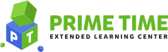 Prime Time Extended Learning Center logo with green and blue cubes, suited for professional childcare website design.