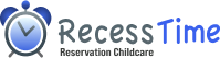 Recess Time logo with an alarm clock icon, representing reservation childcare with structured scheduling.