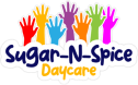 Colorful Sugar-N-Spice Daycare logo with raised hands, ideal for vibrant childcare website design.