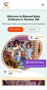 Mobile view of Blessed Baby Childcare website in Tacoma with playful design, 5-star reviews, and state license badge.