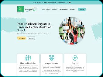 Montessori daycare website design for Language Garden with a clean, calm aesthetic and educational content layout.