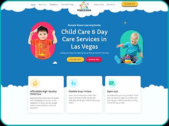 Romper Room daycare website design with bright, kid-friendly visuals highlighting child care and flexible programs.